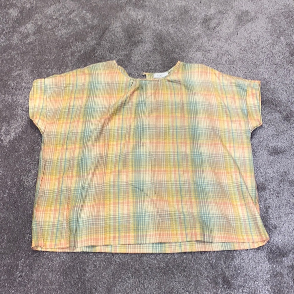 LOFT Plaid Short Sleeve Top Size L Yellow Multicolor NWT